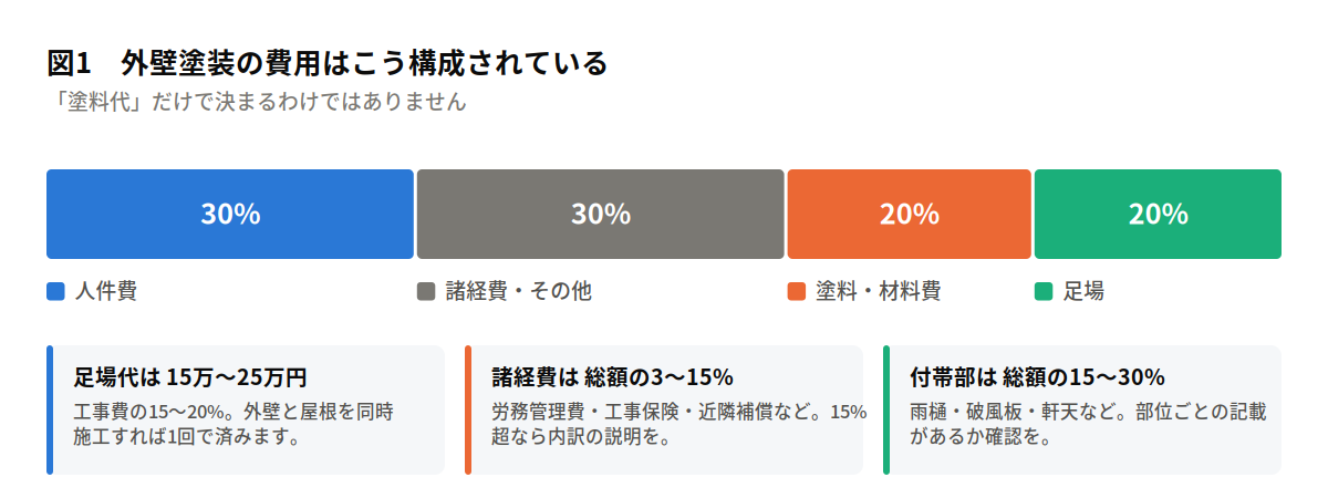 外壁塗装の費用内訳の帯グラフ。人件費30%、諸経費・その他30%、塗料・材料費20%、足場20%。